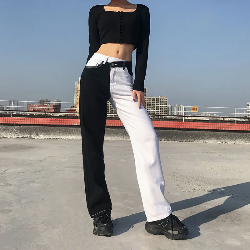 

2021 Women Black White Patchwork Jeans Sexy Fashion Vintage Y2K Denim Pants Spring Streetpants Female Fall Hip Hop Trousers P068