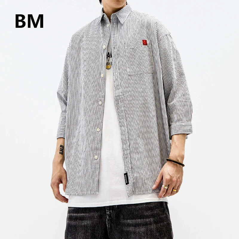 2020 летние полосатые рубашки Японская уличная мода с коротким рукавом мужская