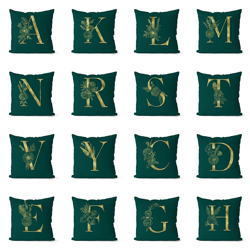 

NEW Gold English Alphabet Green Pillow Cover Floral Print Creative Sofa Cushion Case Livingroom Bedroom Decorative Throw Pillows