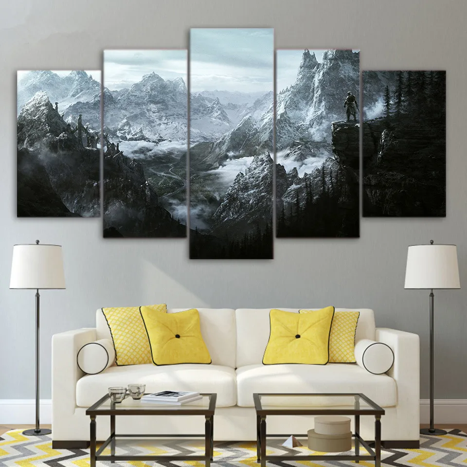 

Modern 5 Panel Snow Mountain Forest Warrior Landscape Canvas Painting Fantasy Universe Poster And Print For Living Room No Frame
