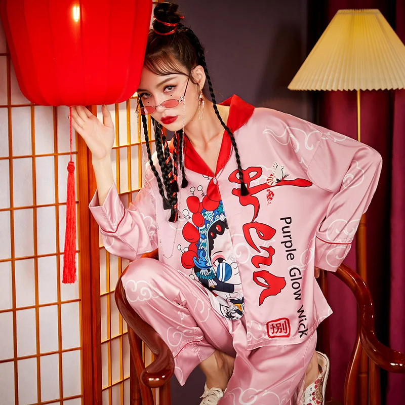 Summer Pajamas Women Sleepwear Chinoiserie The Tide High Quality Snow and Ice Silk Plus Size Pajama Set Princess Style Spring
