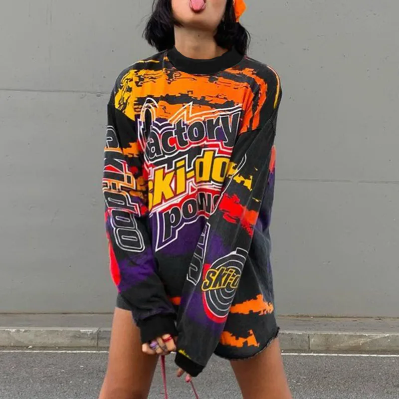 

Letter Printing Women's Sweatshirt 2021 O-neck Long Sleeve Cotton Pullover Loose Sweatshirt Harajuku Color Contrast Sweatshi