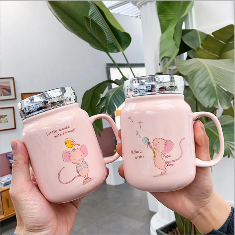 

Sweet Pink Ceramic Mug With Mirror Cover For Coffee Girls Fresh Lovely Mugs With Sealed Lid Office Flower Tea Cup
