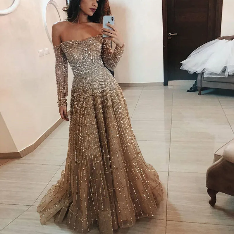 

Party Dress Women Lace Sequins Long Sleeves Empire Off The Shoulder Sexy Autumn 2020 Fashion Floor-Length Womens Dresses
