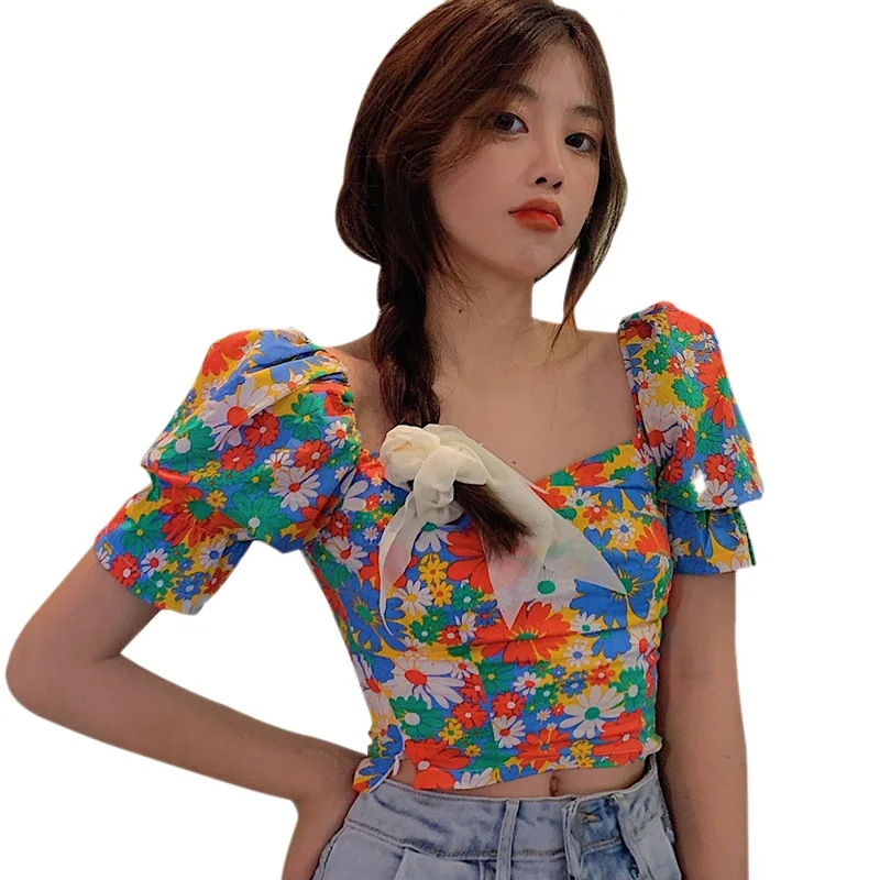 

Sweet Print Short Style Bubble Sleeve Shirt Womens Summer Waist Slim Short Sleeve Blouse Tops