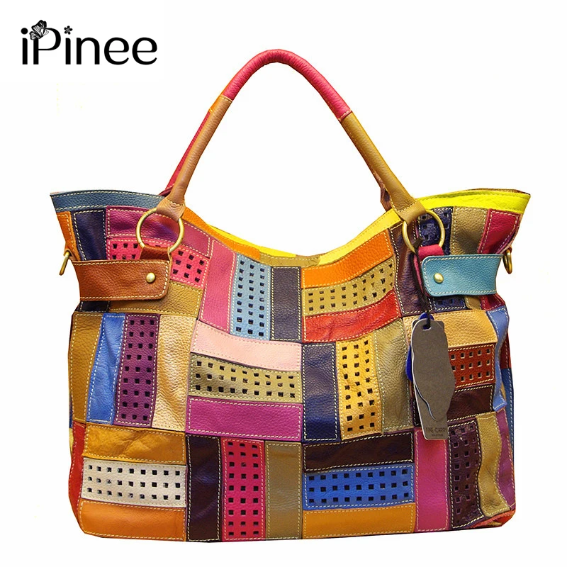 iPinee Designer Genuine Leather Handbags High Quality Large Striped Bag Bolsa Feminina Women Messenger Handbags Famous Brand