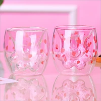 glass double layer purple cats claw cup cherry powder household transparent insulated glass water cup creative coffee milk cup