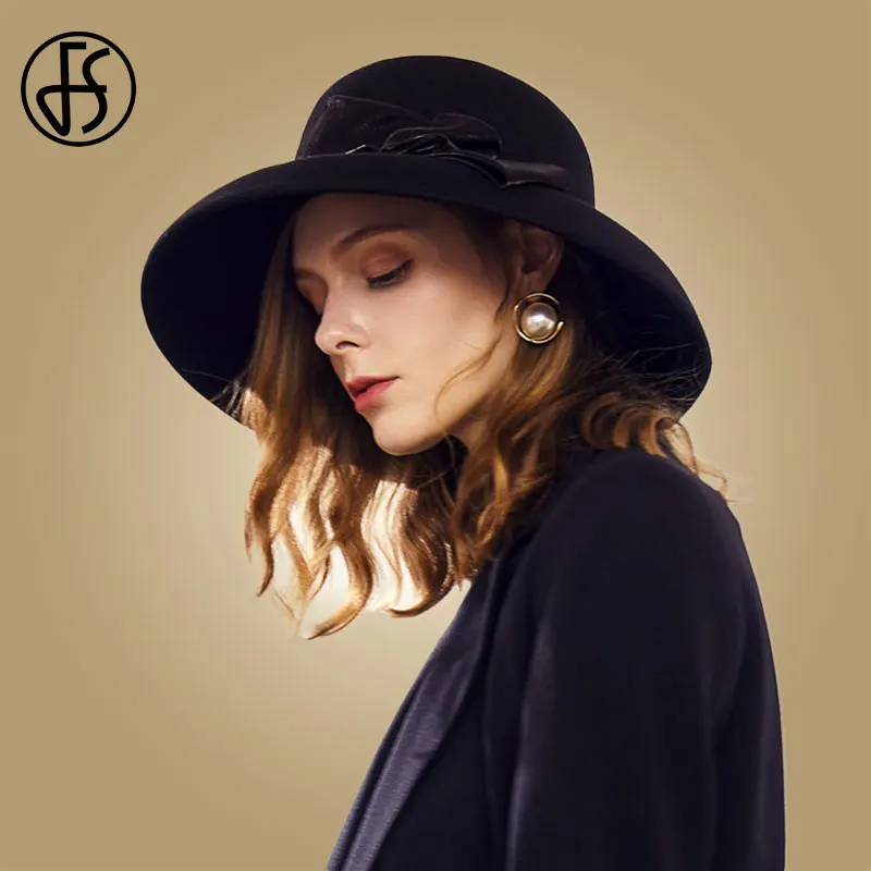 FS черная шляпа с широкими полями для женщин модная британская шерстяная фетровая