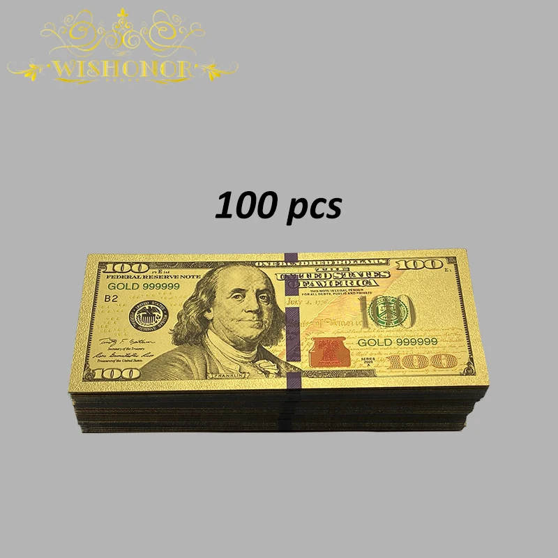 

Nice 100 Pcs USA $ 100 Dollar Gold Banknote Colorful World Money For Souvenirs