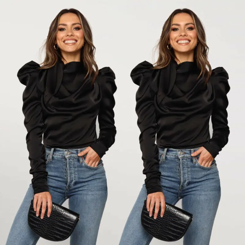 Модные женские атласные топы с бантом и длинными пышными рукавами Верхняя одежда