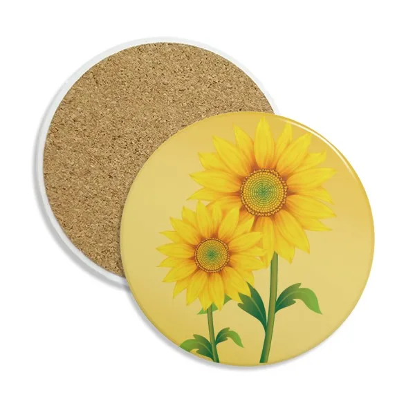 

Yellow Sunflower Greenery Flower Plant Ceramic Coaster Cup Mug Holder Absorbent Stone for Drinks 2pcs Gift