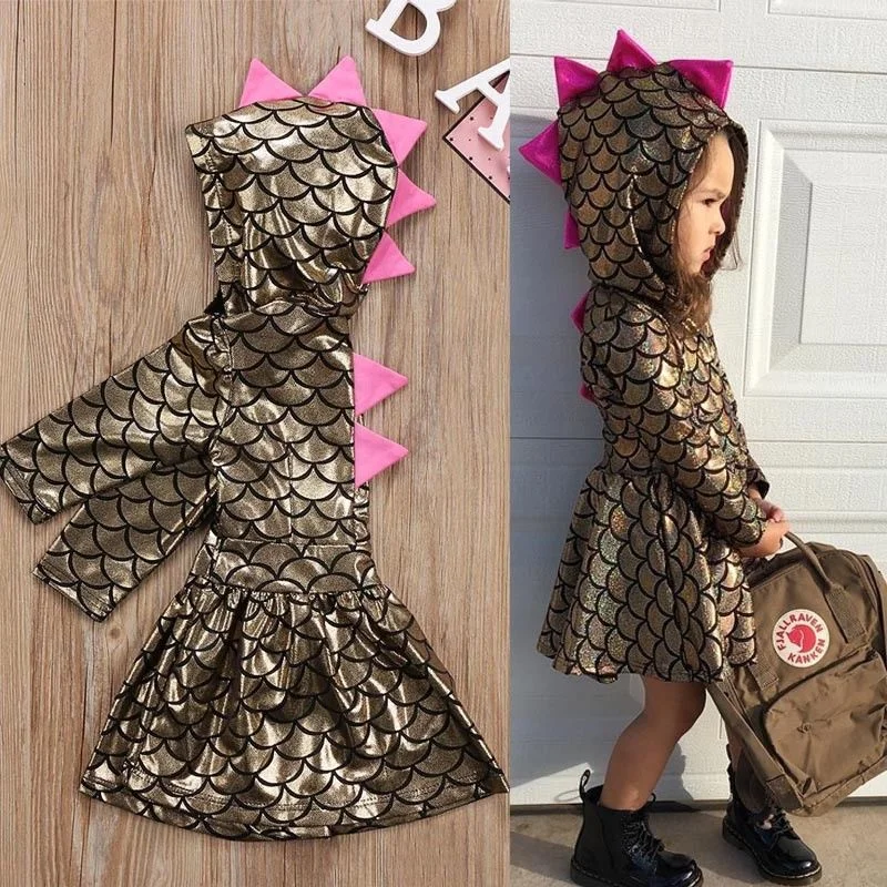 

Baby Girls Dinosaur Princess Dress, Long Sleeve hooded Party Dress, fashion Fish Scale Sequin Costume