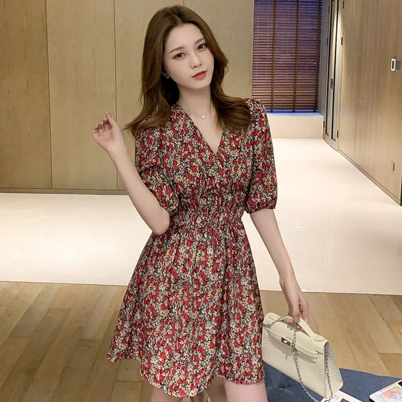 

GOOHOJIO 2020 New Bohemian Floral Print Dress Ladies Casual Holiday Summer Medium Sleeve Dress Female A-line Loose Women Dresses
