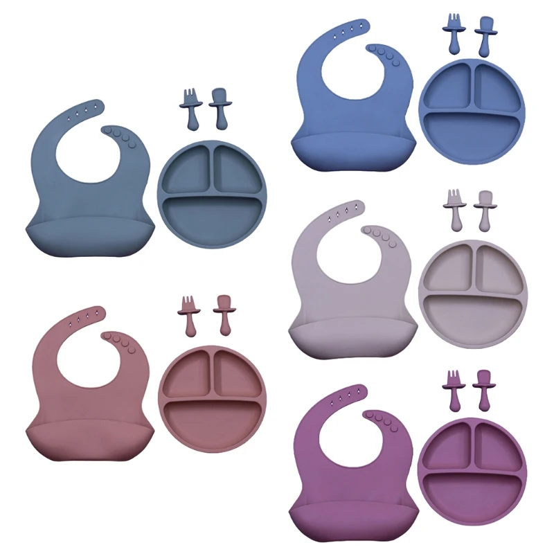 

4 Pcs/Set Baby Training Feeding Food Bowl Spoon Fork Bibs Set Anti Slip Silicone Suction Divided Plate Tray Utensil