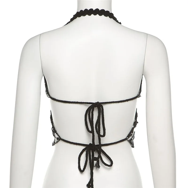 

Backless Summer Streetwear Outfits Bandage Gothic Women Knitted Camis E Girl Aesthetic Punk Grunge Sexy Halter Fashion Crop Tops