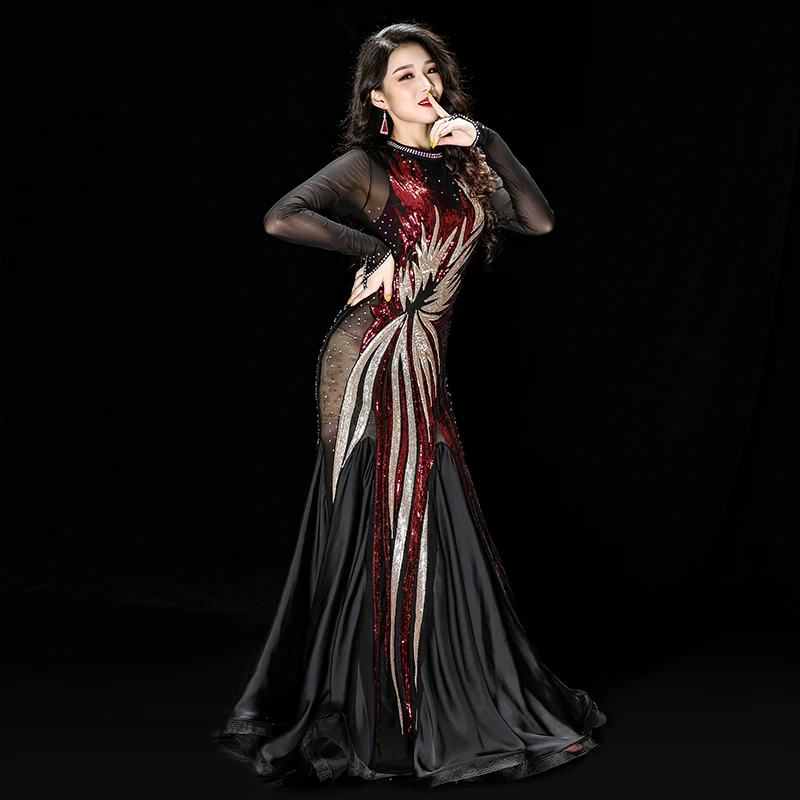 Живота Танцы Стразы Вышивка газовая ткань с пайетками живота Платье из одного