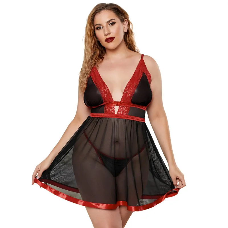 

Sexy Lingerie Negligee Women Night Clothes Large Size Deep V Neck Lace Pajamas Tulle Perspective Fashion Women Nuisette Sexy