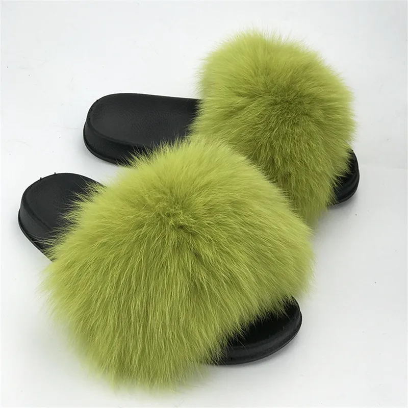 

2020 Women's Real Fur Flip Flops Woman Raccoon Furry Fox Slipper Fur Slides Ladies Cute Plush Sandals Flat Fluffy Shoes