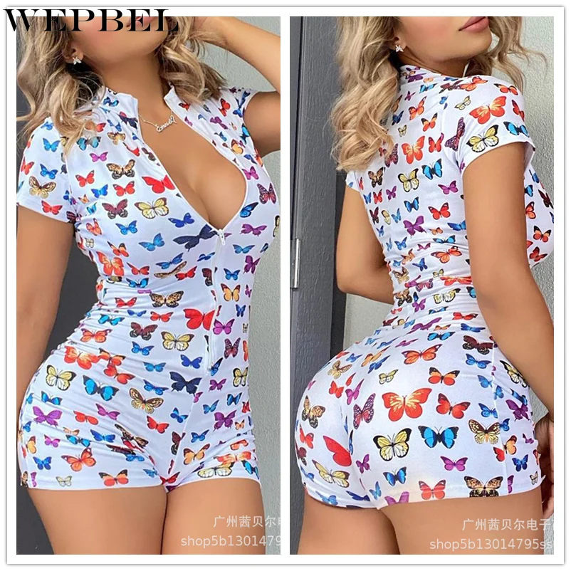 

WEPBEL Skinny Romper Women Sexy Fashion Butterfly Print Playsuit Short Sleeve Shorts Jumpsuit Sexy Onesies Pajamas