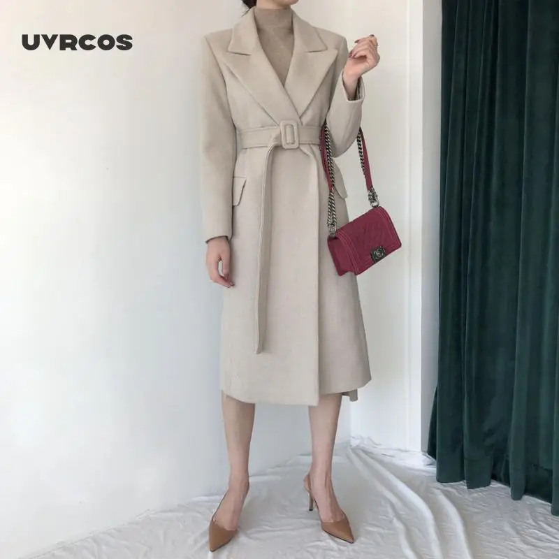

UVRCOS Women's Long Coat For Autumn Or Warm Winter Lady Fashion With Belt
