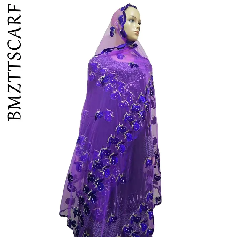 African Women Scarf Good Quality Plain Embroidery with Stones Soft Net Scarf for Headscarf Wraps Pashmina BM805