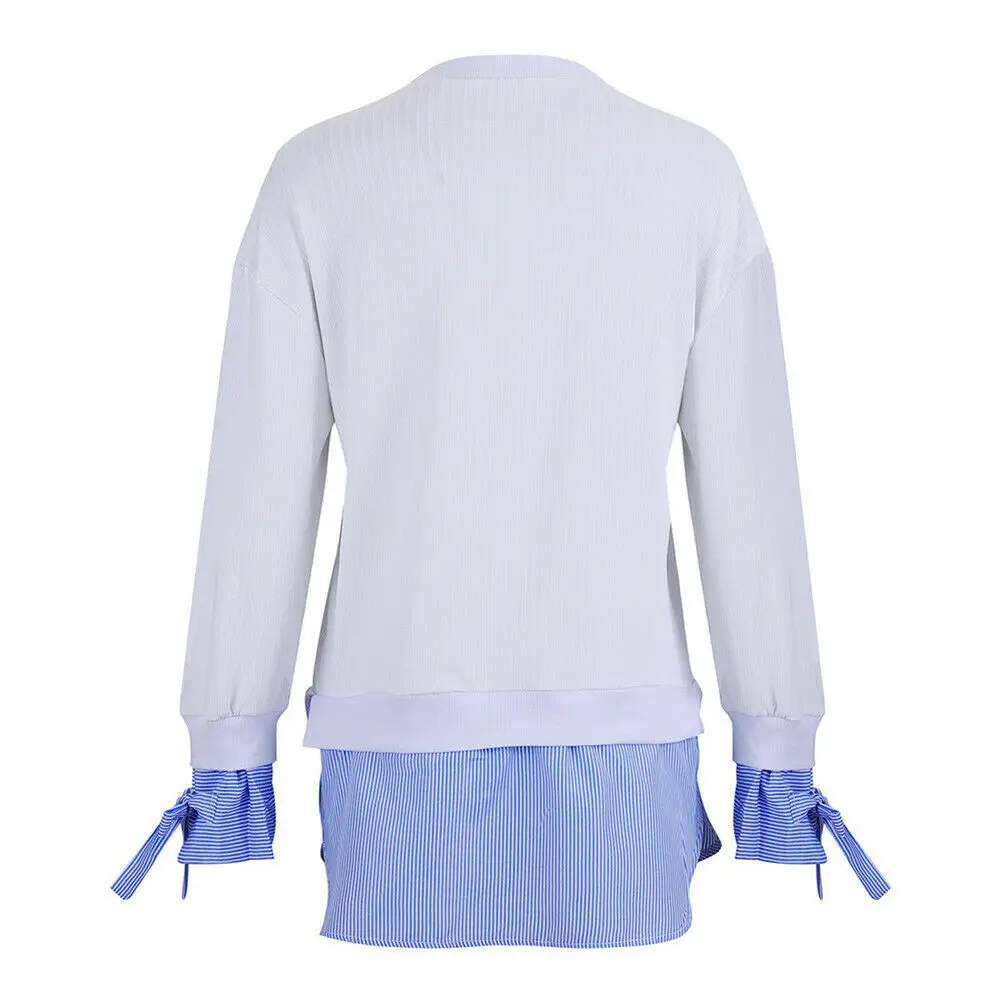 Женская белая и синяя полосатая Лоскутная футболка с длинным рукавом Мешковатые
