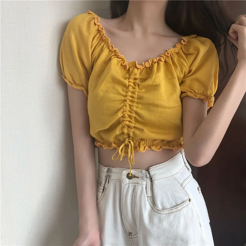 

New Vintage Fashion 6 Colour Crop Tops Women Sexy Chic Summer Deep V-neck Lace Elastic Back Short Blouses Female