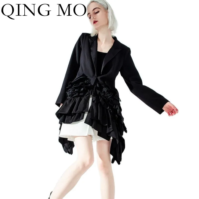 

Осенняя модная однотонная куртка QING MO, Женский Повседневный облегающий костюм, новинка 2021, трендовая Женская куртка, черный топ ZWL666