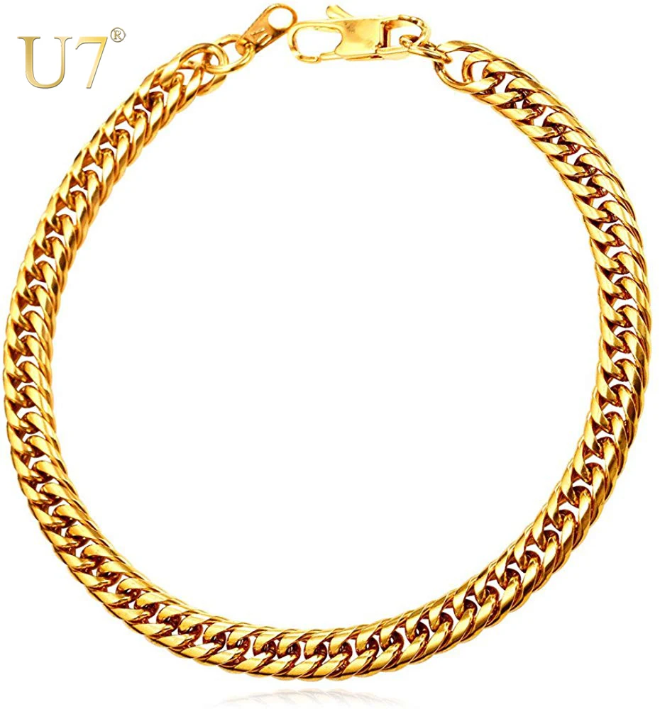 Мужской/женский браслет цепочка U7 золотой/черный из нержавеющей стали 6 мм 21 см