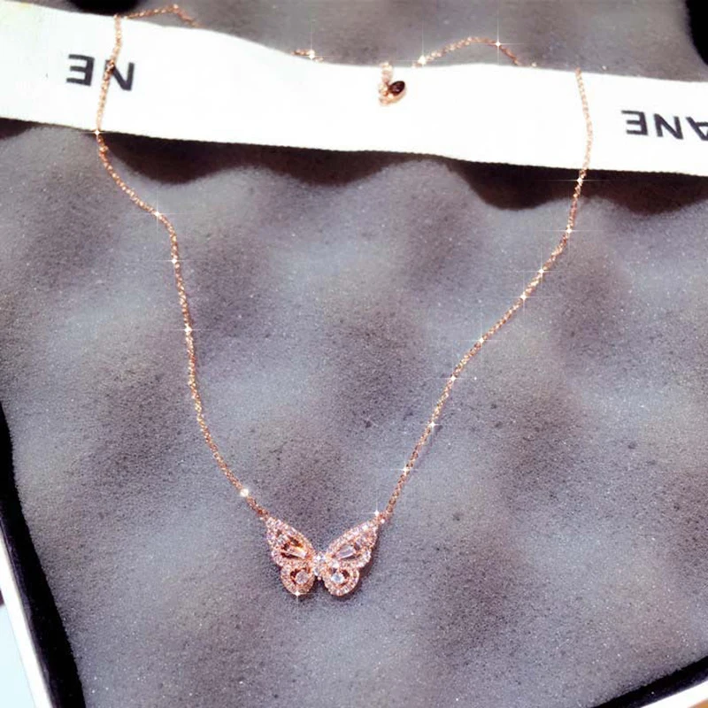 

Ins Hot Sale New Arrive Zirconia Butterfly Necklace Charm Bling CZ Rose Gold Butterfly Jewelry Pendant Bijoux for Women Girl