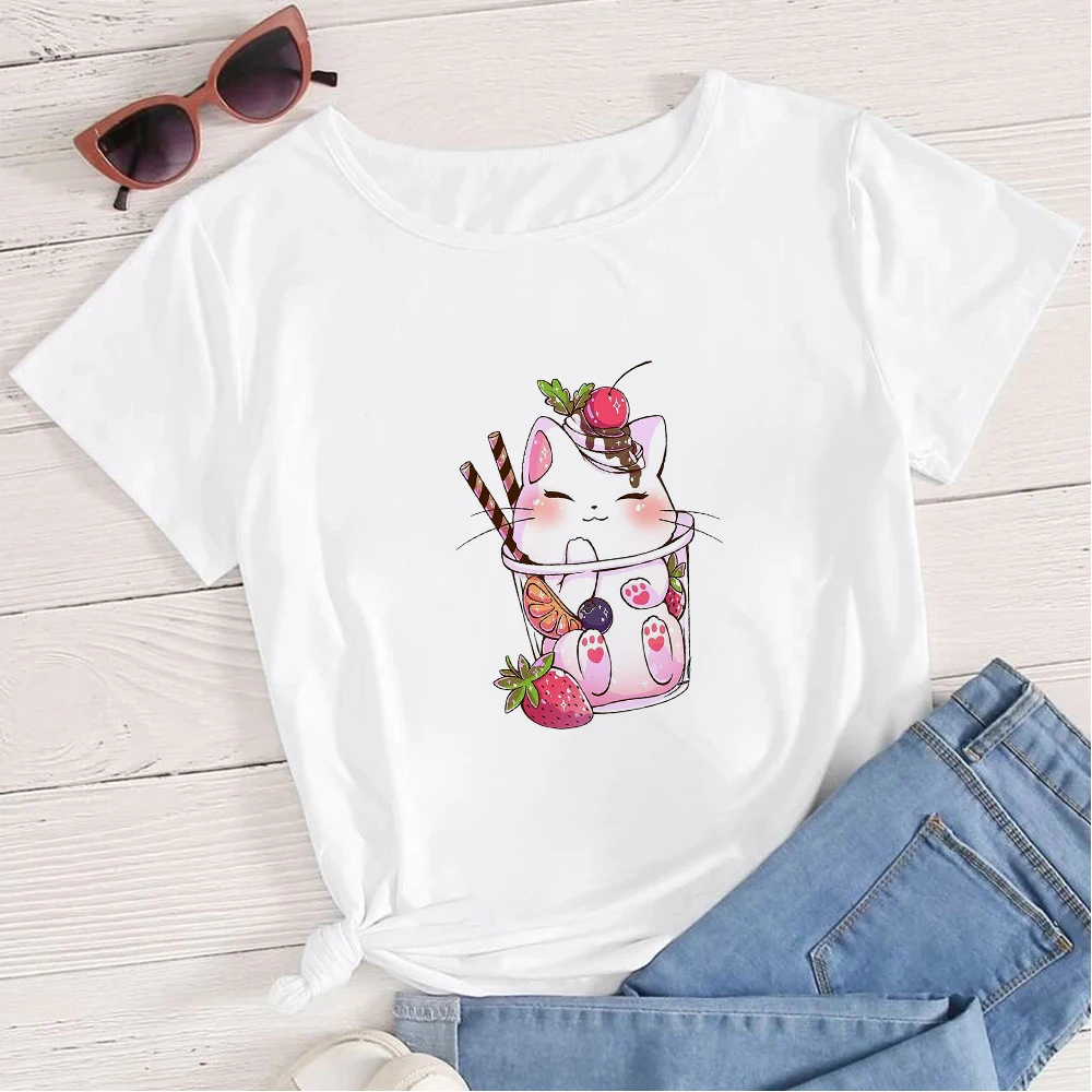 

Kawaii Cat Milk tea T-shirt Soft Girl Aesthetic Clothes Korean Kpop Ulzzang Women T Shirt Summer Short Sleeve O-neck Teens Tees