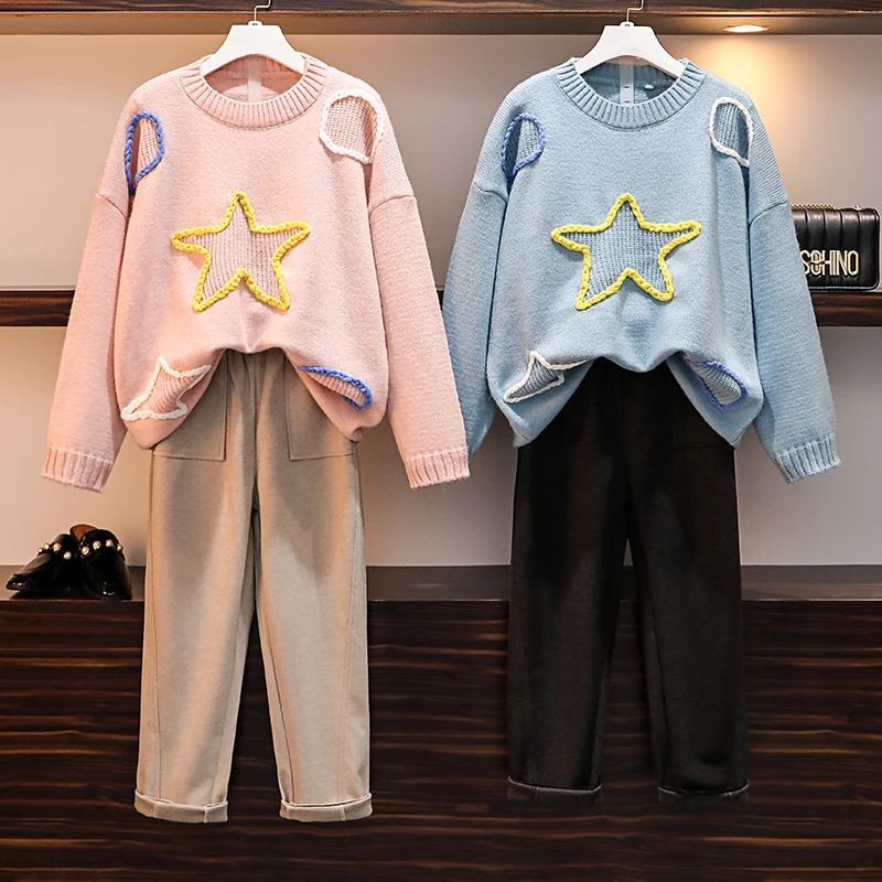 

Осень-зима для женщин из двух частей комплект одежды размера плюс со звездным паттерном; Вязаные свободные студент свитер с круглым вырезом...