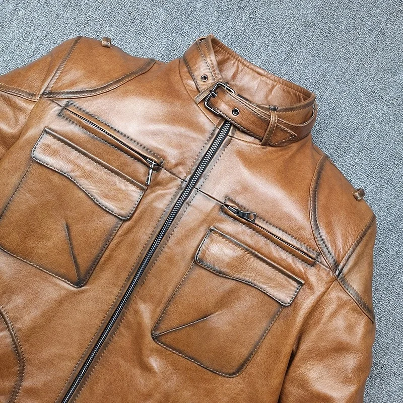Новая модная мужская Рабочая куртка-карго из натуральной кожи с карманами