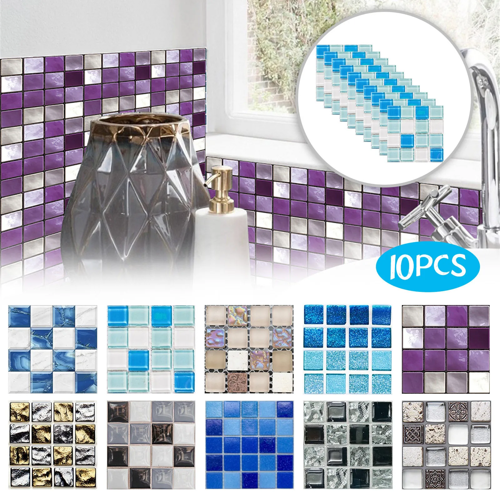 

10pc 3D Crystal Self Adhesive Tile Stickers DIY Waterproof Kitchen Cupboard Bathroom Wallpaper Waterproof Wallpaper DIY Decor