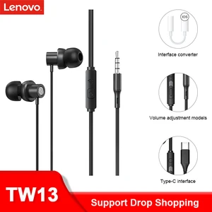 original lenovo tw13 earbuds wired earphones in ear stereo bass headphones with microphone for pc smartphone wired headset gamer free global shipping