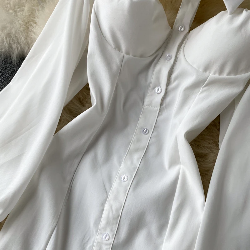 

Halter Lapel Collar White Dress for Women Slim Fit Long Lantern Sleeve Sexy Dresses Female Lady Vestido