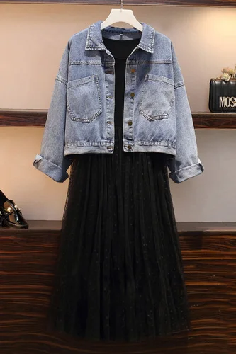 

2019 sets of denim jacket dress two-piece women spring long sleeves 4XL 5XL slim blue autumn female long female short coat