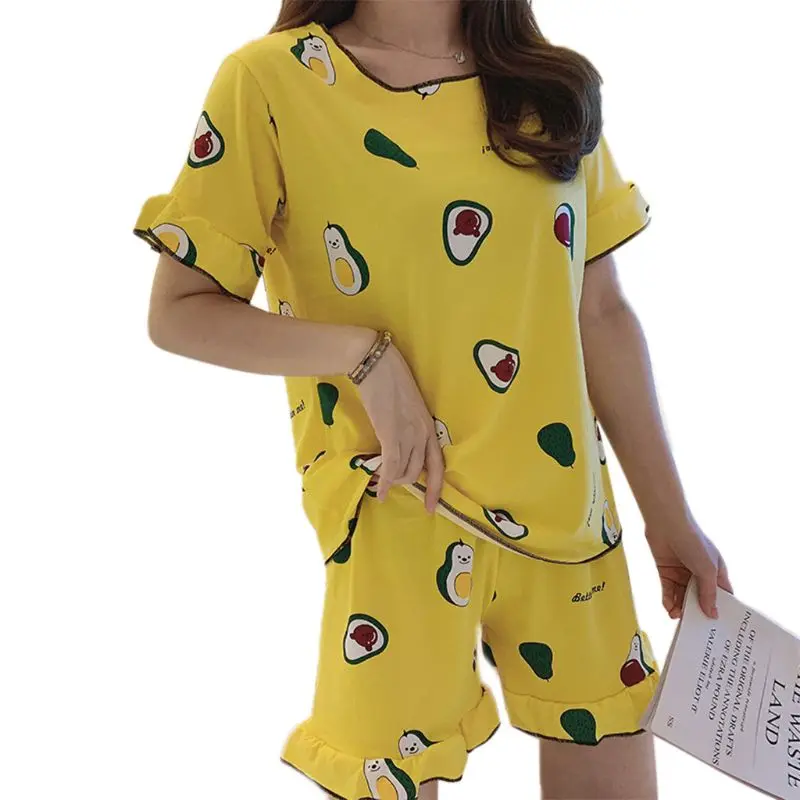 

Women Summer Short Sleeve 2 Piece Pajamas Set Cartoon Puppy Orange Avocado Print Sleepwear Ruffles Loose Loungewear L/XL