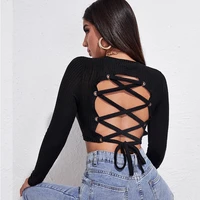 summer women crop tops strappy blouse sexy hollow out backless bandage long sleeve t shirt top fashion exposed navel t shirts