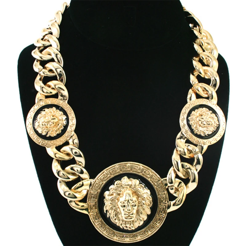 

Женская позолоченная цепочка в стиле панк, ожерелье-чокер из металлического сплава с 3 головками льва, массивное ювелирное изделие в стиле х...