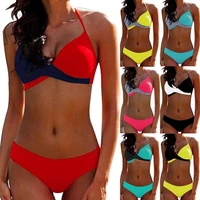women 2021 summer color block push up padded bikini 2 piece set swim suit sexy halter bandage bathing wear swimwear plus size