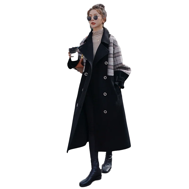 

LANMREM black Korean style split paid pattern double-breasted autumn winter flare waist woolen coat for female fashion 2A1593
