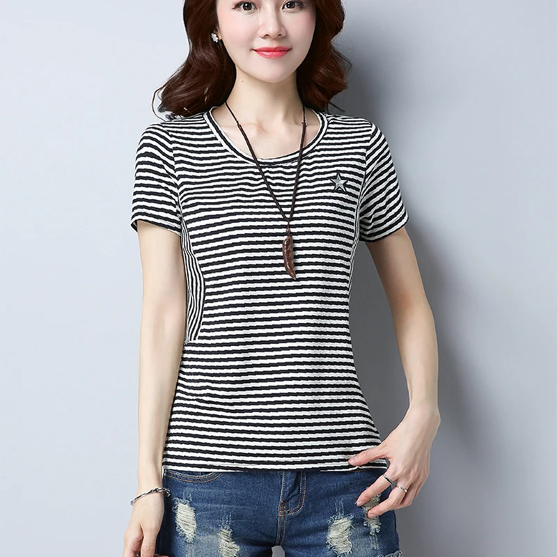 

2020 Summer Fashion O Neck Striped Tshirt Women Short Sleeve Embroidery T shirts Plus Size Tee Shirt Femme Korean Womens Clothes