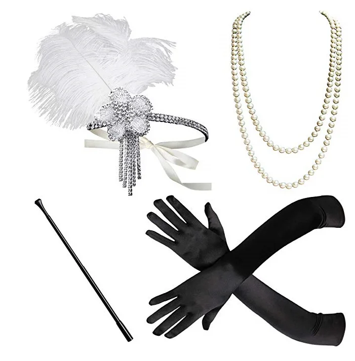 1920s Flapper Dress Costume Accessories Retro Party Props GATSBY CHARLESTON Headband Pearl Necklace White Feather Band for Women