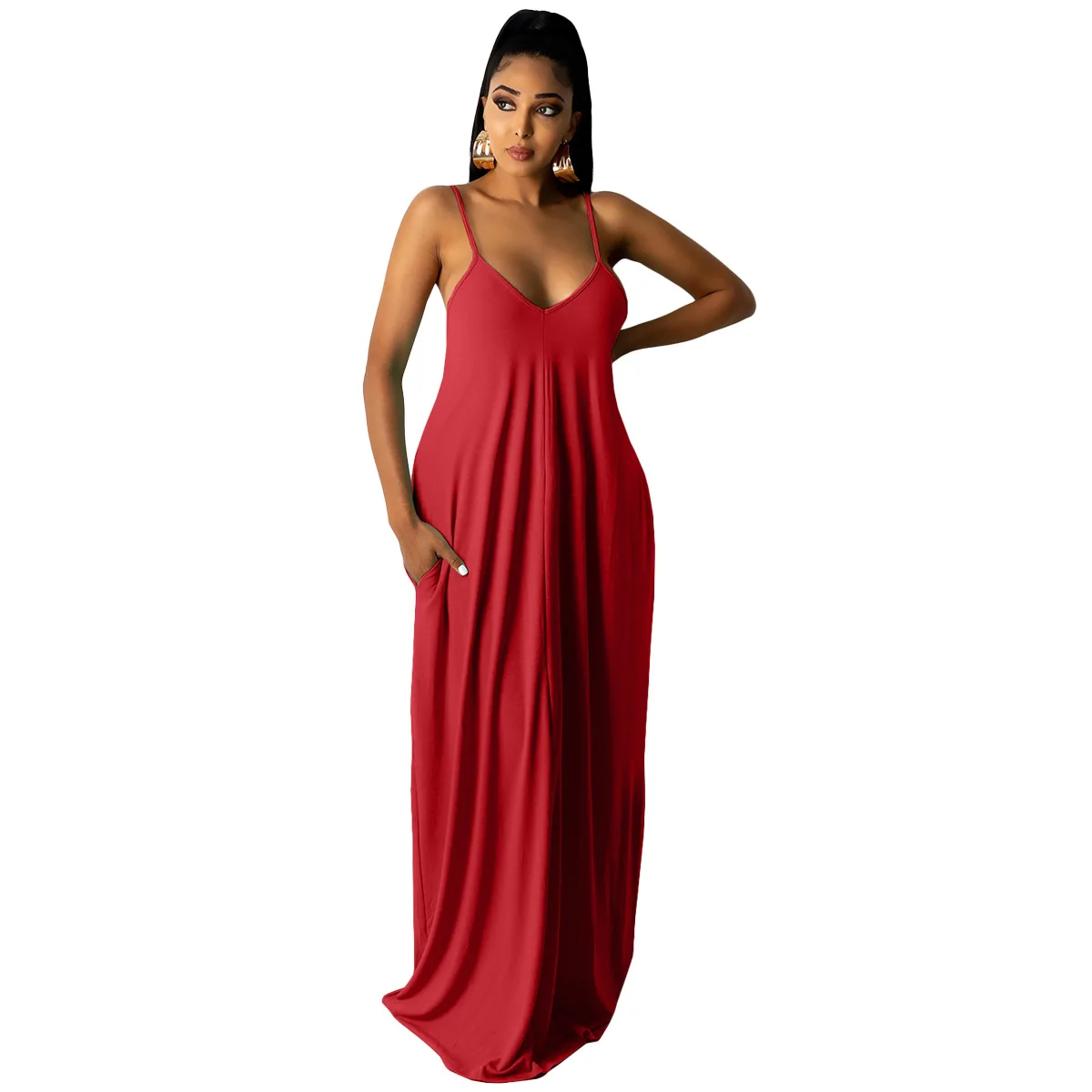 

New Women Plus Size Solid V-neck Spaghetti Strap Loose Floor-length Long Dress With Pocket
