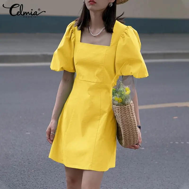 

Women Elegant Square Collar Mini Dress Celmia Casual Short Puff Sleeve Vestidos Lady Party Waisted Slim Sweet Summer Short Robe