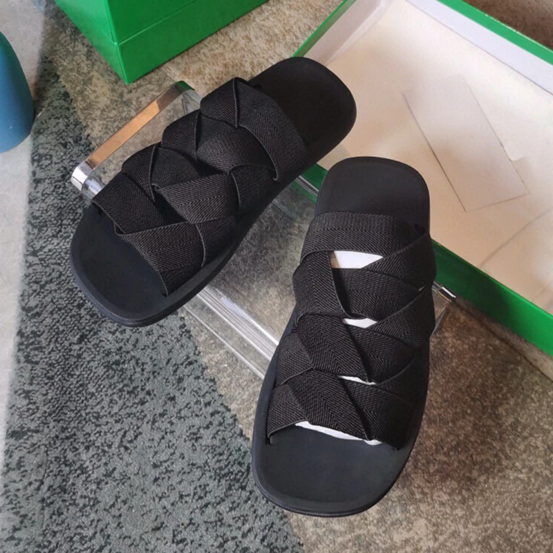 

2021 Summer Concise Style Flat Slippres Women's Stretch Fabric Personality Weave Sandles Open Toe Design Beach Vacation Dliders