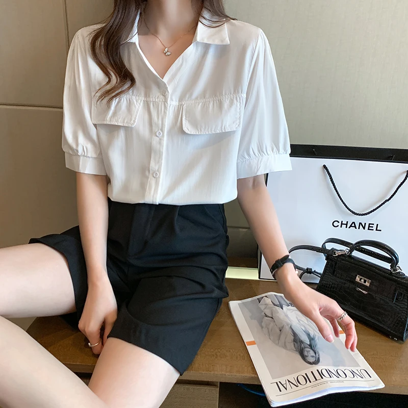 

Women Solid Blouse Short Sleeve Polo Collar Blouses Summer New Shirts Casual Tops False Pocket Shirt Blusas Mujer De Moda 2021