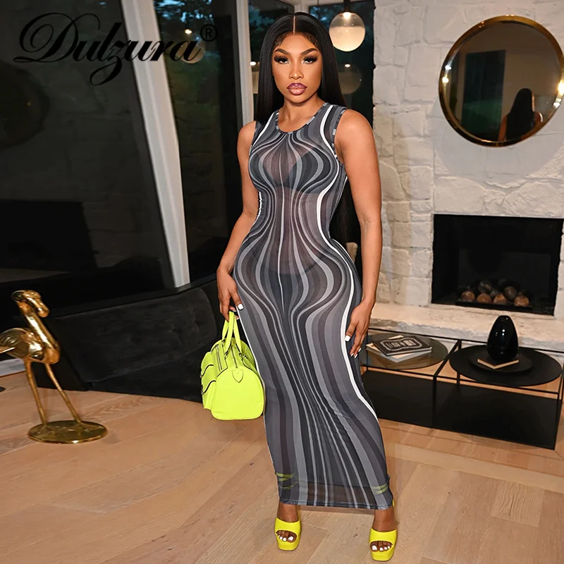 

Dulzura Tie Dye Ripple Print Women Sleeveless Mesh Midi Dress Bodycon Sexy Streetwear Party Club 2021 Autumn Winter Clothes