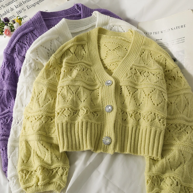 

Harajpoo Women Sweaters Autumn Hollow Out V Neck Single Breasted Blouse Short Puff Sleeve Coat Trend Cropped Green Cardigan